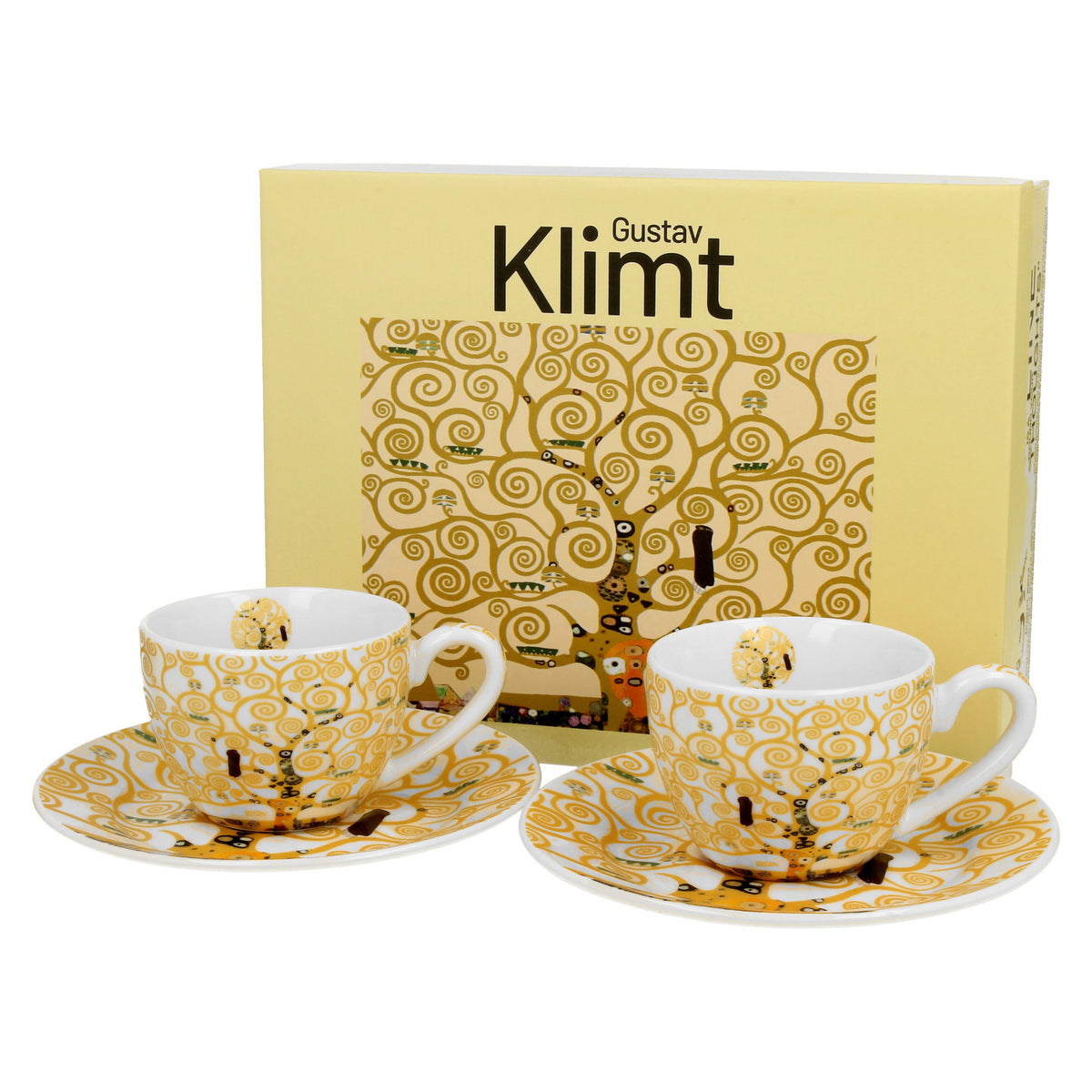 Set de doua cesti si farfurioare espresso TREE OF LIFE Ecru inspirate de Gustav Klimt, 90 ml