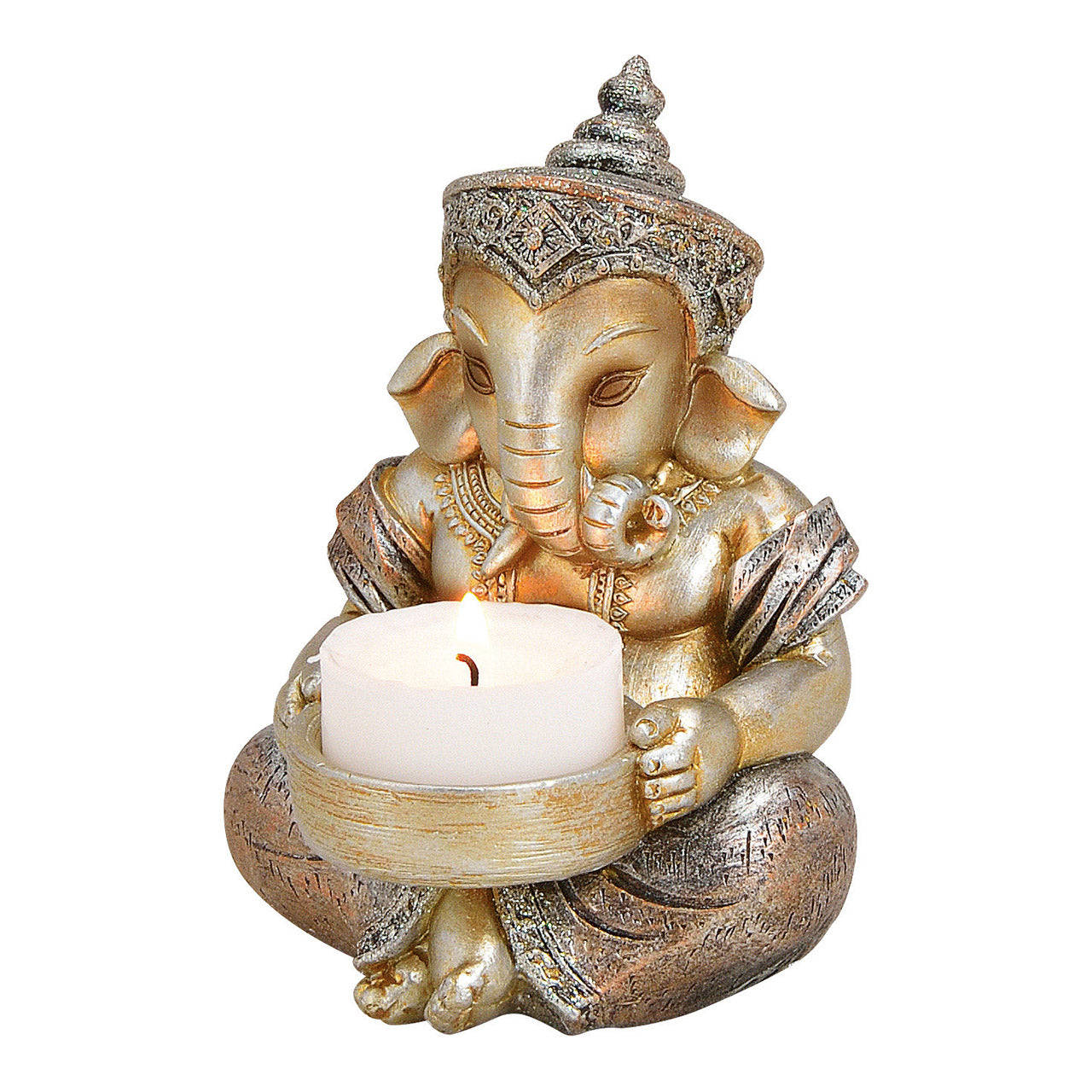 Decoratiune Feng shui pentru protectie si prosperitate, Ganesha, cu suport lumanare, 8x11 cm