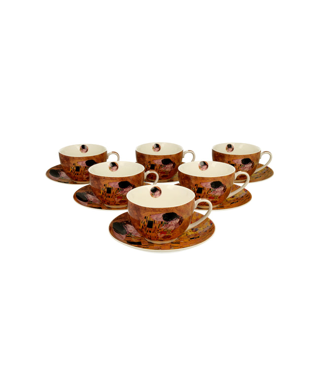 Set de 6 cești cafea din porțelan inspirate de tabloul „Sărutul” de Gustav Klimt, cu detalii aurii și design artistic rafinat