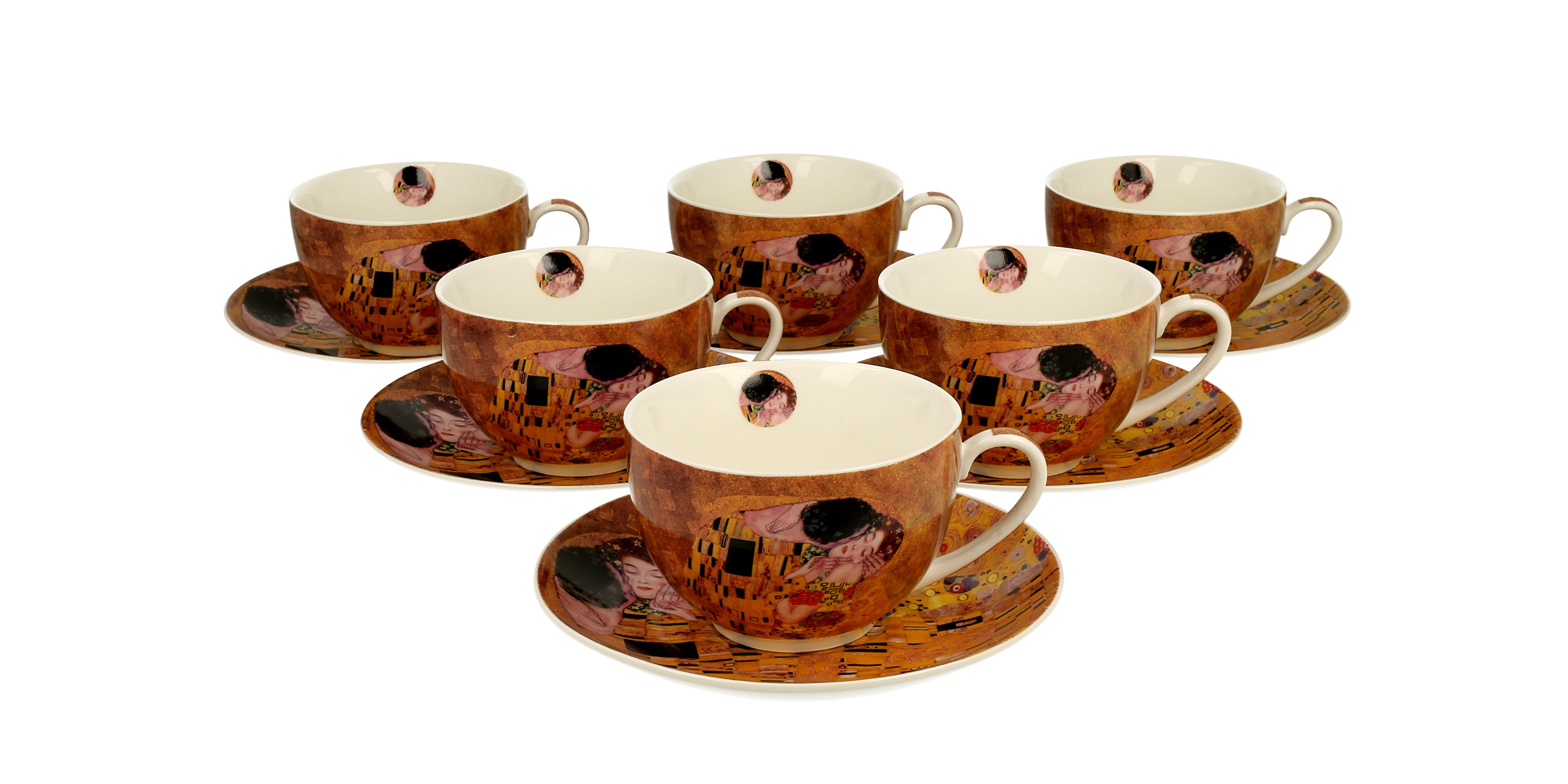 Set de 6 cești cafea din porțelan inspirate de tabloul „Sărutul” de Gustav Klimt, cu detalii aurii și design artistic rafinat