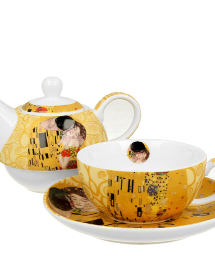 Set pentru ceai The Kiss Ecru, Include ceainic cu ceasca si farfurie, Portelan, 220 ml, Multicolor - Victoria home deco