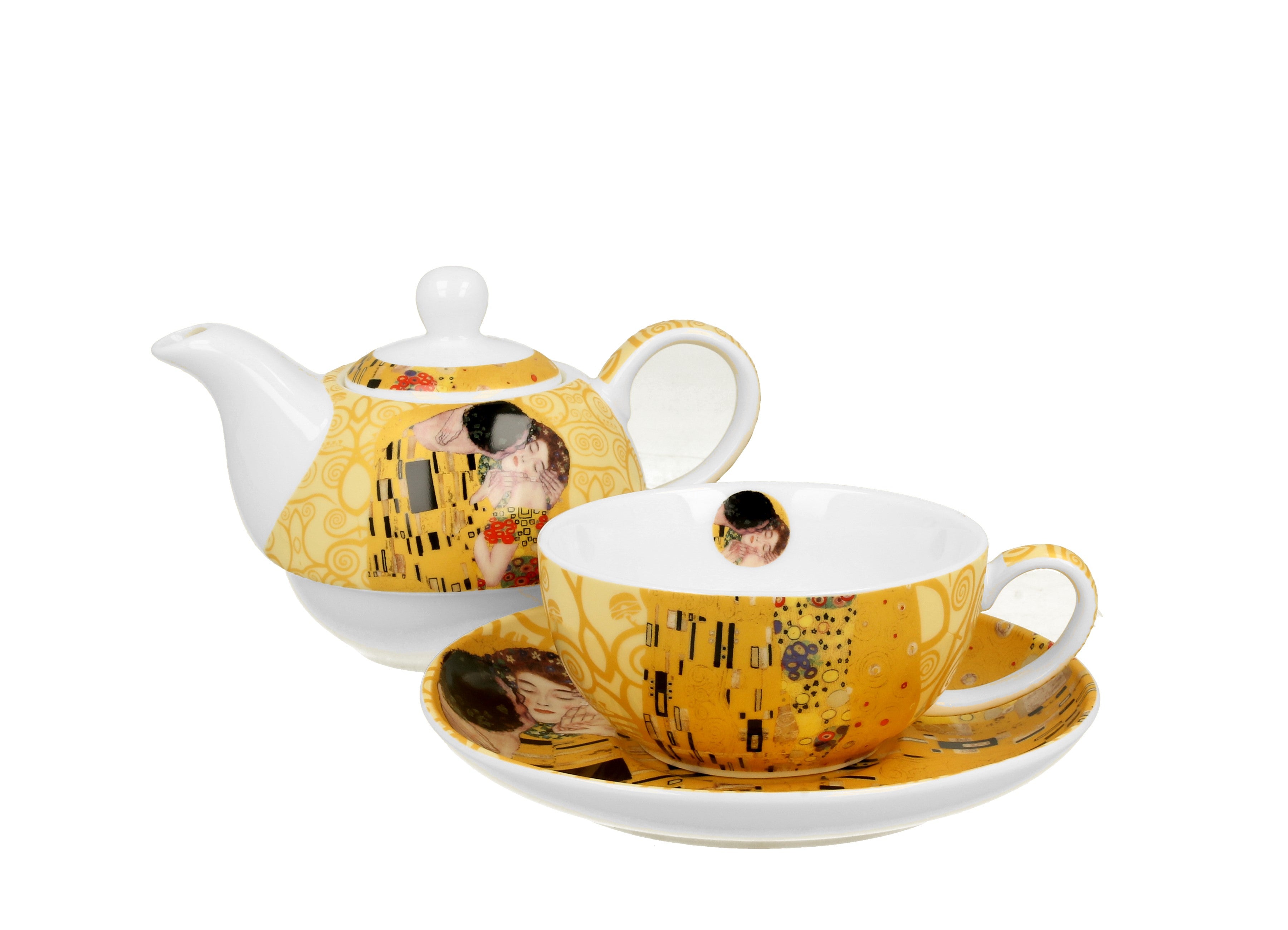 Set pentru ceai The Kiss Ecru, Include ceainic cu ceasca si farfurie, Portelan, 220 ml, Multicolor - Victoria home deco