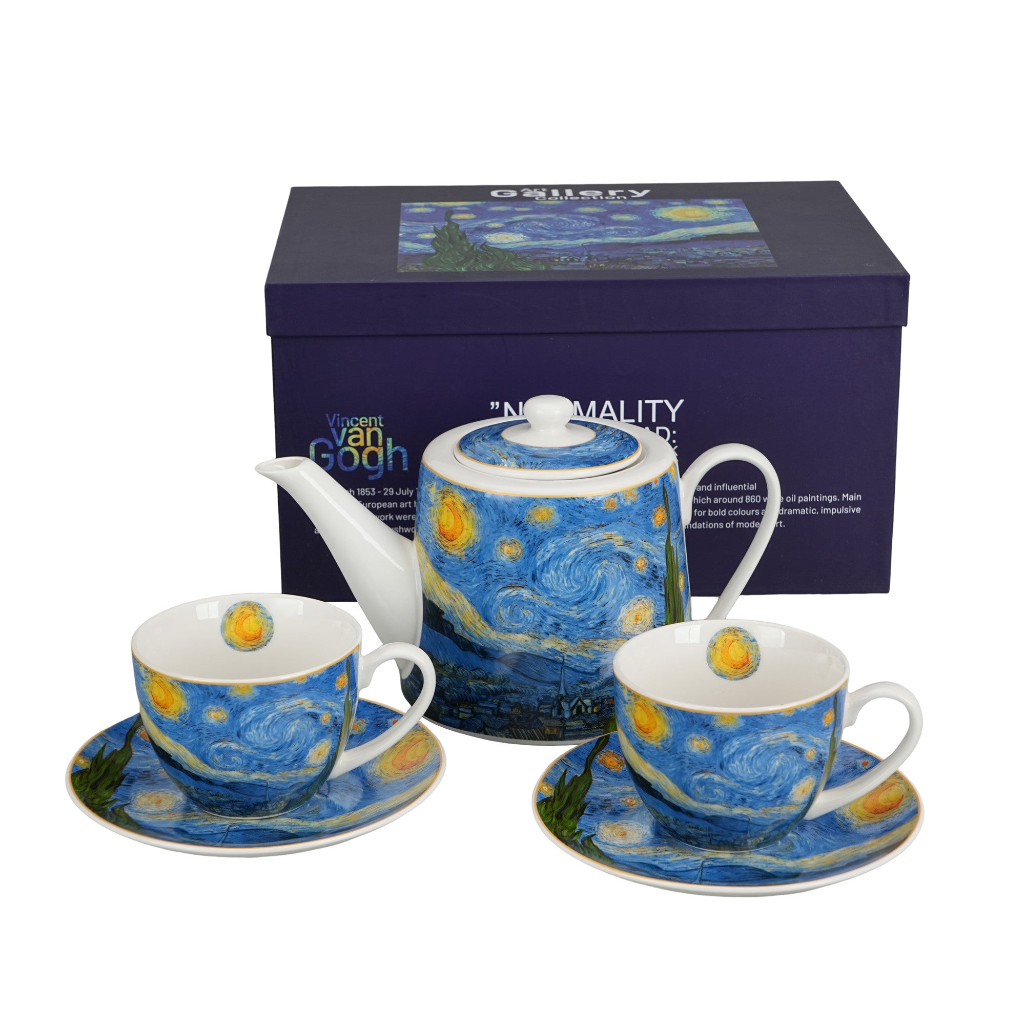 Set de ceainicl cu infuzor inoxidabil și 2 cești cu farfurioare NOAPTE ÎNSTELATĂ inspirat de Van Gogh,270/900 ML