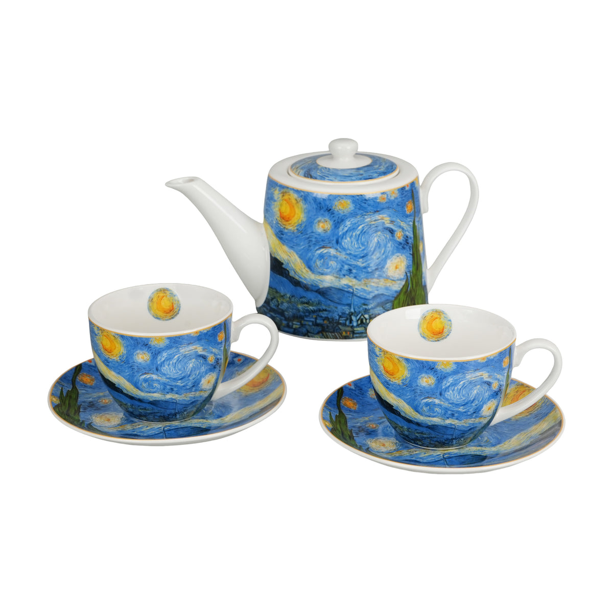 Set de ceainicl cu infuzor inoxidabil și 2 cești cu farfurioare NOAPTE ÎNSTELATĂ inspirat de Van Gogh,270/900 ML
